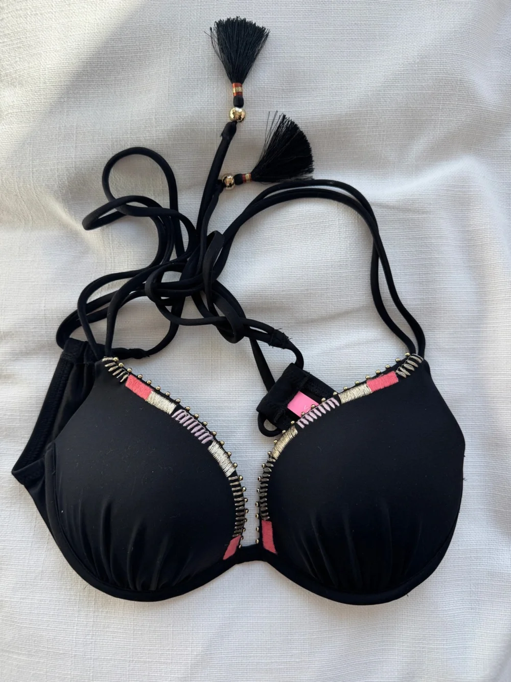 NEW Victoria’s Secret Black Women's Embellished Push-Up Bikini Top 32B